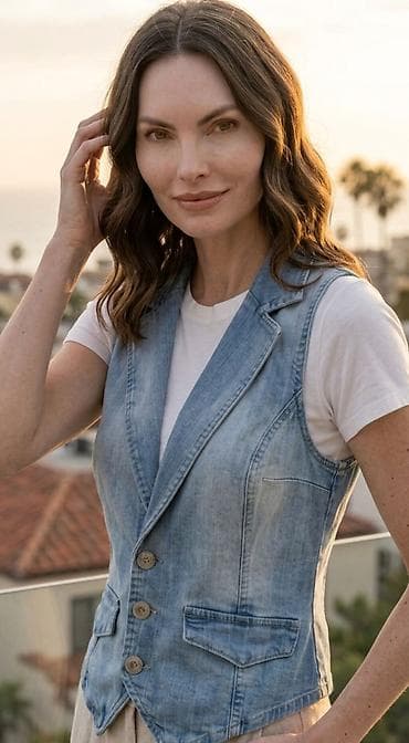 Ženski teksas prsluk bez rukava - Materijal: svetloprani denim