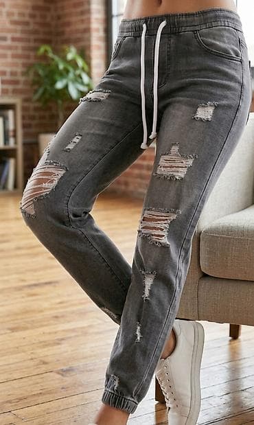 Sive ženske jogger farmerke sa poderotinama - Materijal: mešavina