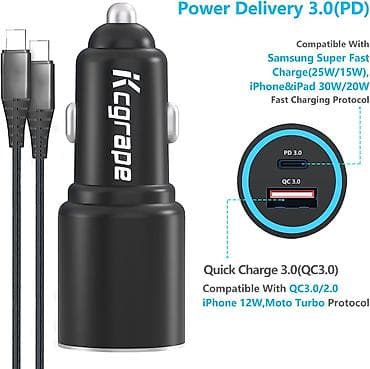 grejac za solju: Kcgrape brzi auto punjač – 48W, dva porta (USB‑C PD 3.0 + USB‑A QC — 1