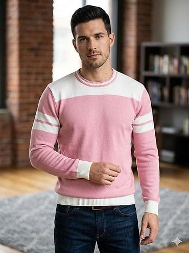 Muški džemper sa dugim rukavima, u kombinaciji roze i bele boje