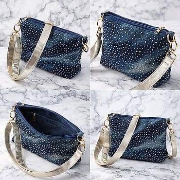 narukvice sa magnetima: Torba – plava teksas crossbody/klač sa nitnama - Materijal: teksas u — 1