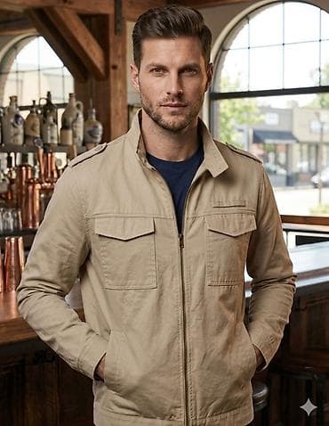 Muška lagana jakna – bež - Klasičan kroj sa zatvaranjem na