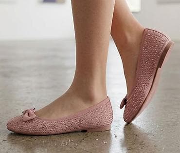 office shoes sandale: Balerine u puder‑roze boji sa sjajnim ukrasnim kamenčićima i mašnicom — 1