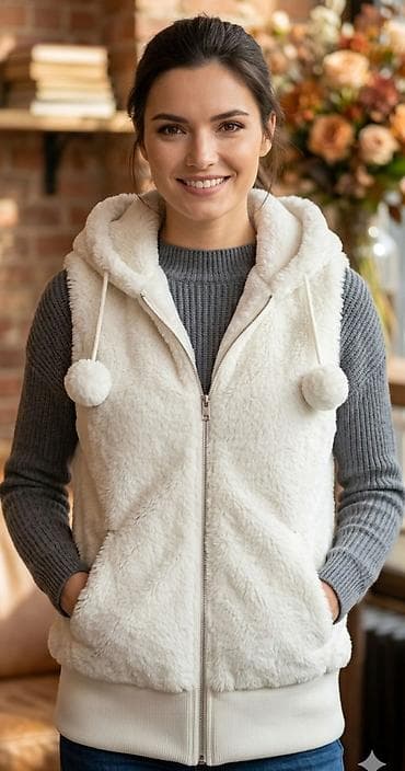 jakne bomber: Ženski prsluk sa kapuljačom od meke, „teddy“/šljokaste flis tkanine u — 1