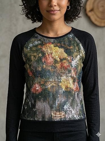 Ženska majica dugih rukava sa šljokicama i floralnim printom - Boja