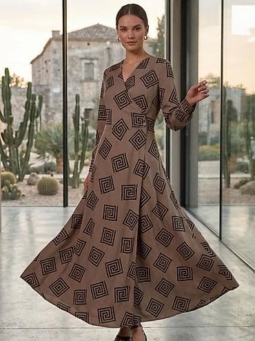 Elegantna duga haljina sa wrap krojem i geometrijskim printom -