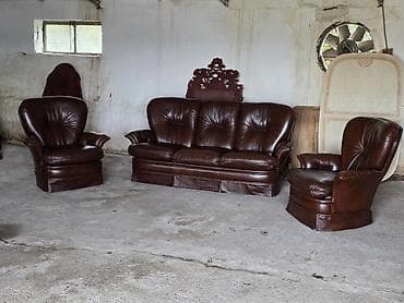 krevet trosed: Trosed + dve fotelje – komplet garnitura od prirodne kože - — 6