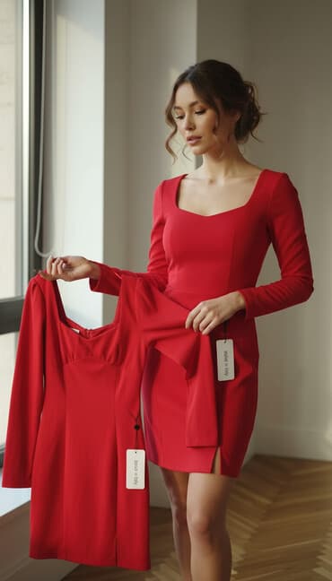 crna uska haljina dugih rukava: Crvena mini haljina s dugim rukavima - Model: uska silueta, dužina — 1