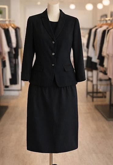 Donji delovi trenerke: Elegantno žensko odelo – sako i suknja, crne boje. Detalji: - Kroj — 1