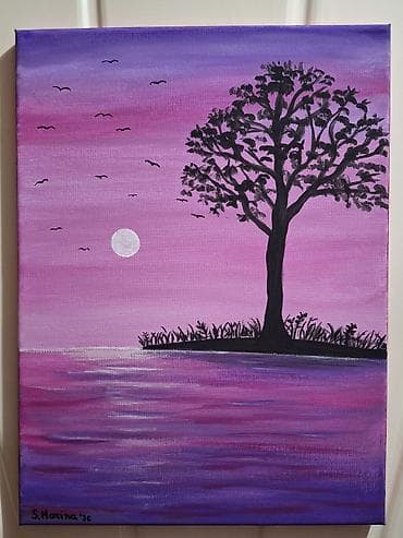 set za putovanje: Ručno rađena akrilna slika na platnu – pejzaž zalaska sunca u — 1