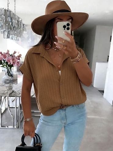 asimetricna tunika: Ženska košulja sa prugama – kratki rukavi, kopčanje na dugmad — 5