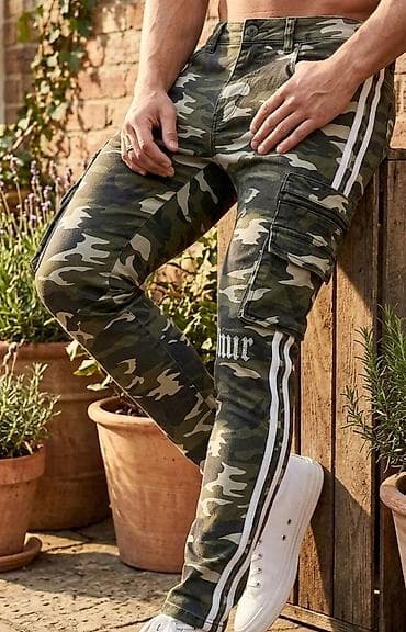 bershka sorcevi muski: Muške maskirne cargo pantalone sa bočnim prugama - Dizajn: klasičan — 1