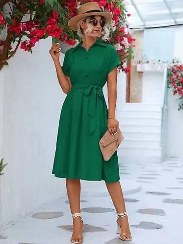 lagane patike: Ženska košulja-haljina do kolena sa kratkim rukavima i pojasom - — 2