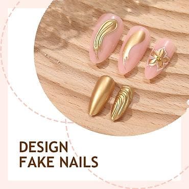 set za negu noktiju: Set presovanih (press-on) noktiju – roze baza sa zlatnim 3D detaljima — 5