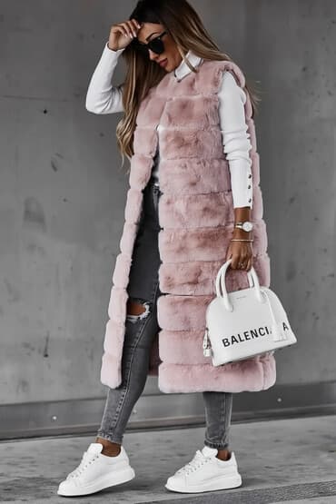 Duga ženska prsluk-jakna od veštačkog krzna, model bez rukava, sa