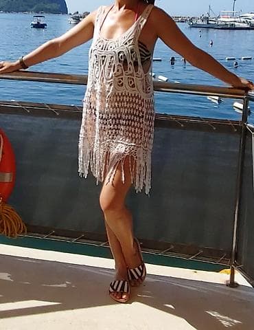 prsluk s: Bela heklana mrežasta tunika/kaftan za plažu - Model: bez rukava — 2