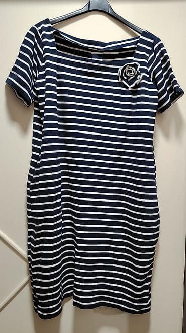 Žensko prugasto haljina – mornarsko plava sa belim horizontalnim — 1