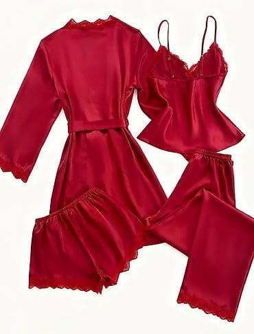 pidzame jednodelne: Ženski satenski set za spavanje – 5 delova, bordo/crvena - Materijal — 4