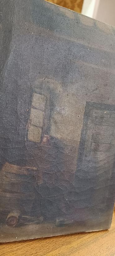 polovne slike za zid: Ulje na platnu – intimni enterijer sa prozorom i stolom - Tehnika — 1