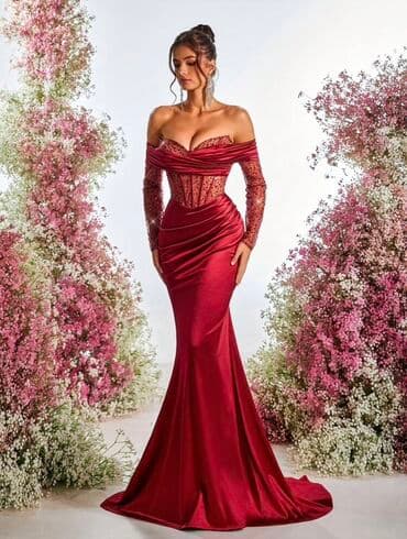 crna teksas haljina: A-Dress bоја - Crvena, Večernji, maturski, Dugih rukava — 1