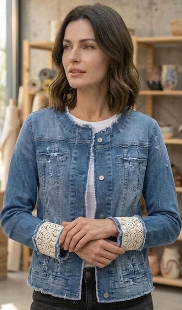 Jakne, Kaputi, Prsluci: Ženska teksas jakna sa čipkanim detaljima - Materijal: klasičan plavi — 1