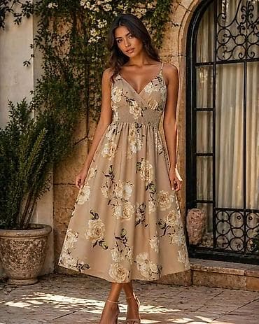 Letnja midi haljina sa cvetnim printom - Kroj: midi dužina, A-linija