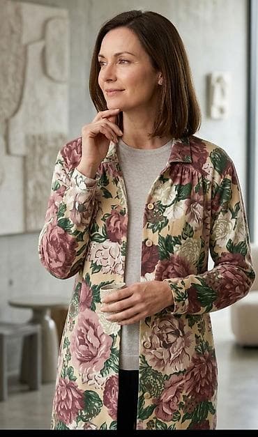 pantalone sa grejacima: Dugačka ženska košulja/lagani kaput od mekog pletiva sa floralnim — 1