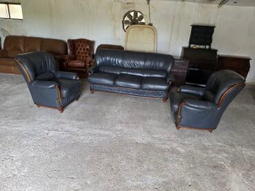 Furniture: Kožna garnitura tamno sive boje, idealna za dnevni boravak ili — 6