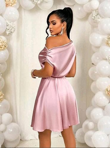 Haljine: Elegantna mini haljina od satena – puder roze - Kroj: asimetrični — 7