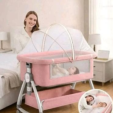 KREVETAC za decu roze i sivi Prenosivi krevetac za bebe sa mrežom