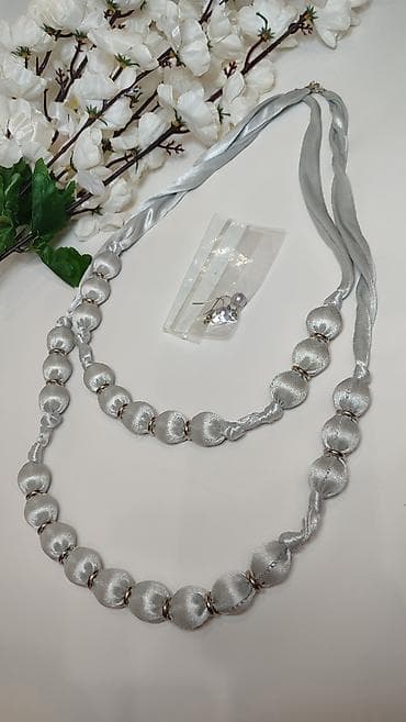 Setovi nakita: Srebrnosivi set nakita – dve tekstilne ogrlice + naušnice - — 3