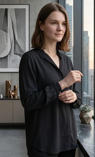 zenska bluza c: Elegantna ženska košulja – crna - Klasičan kroj sa diskretnom V — 1