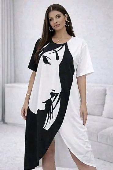 ugg bez: Asimetrična midi haljina sa umetničkim printom lica - Model: ležerna — 2