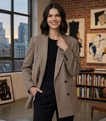 Ženski blejzer – klasičan, duži kroj - Boja: topla bež/karamel ton -