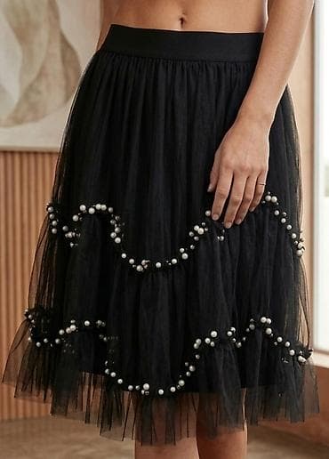 Suknje: Crna midi suknja od tila sa perlama - Romantična tulle suknja u crnoj — 1