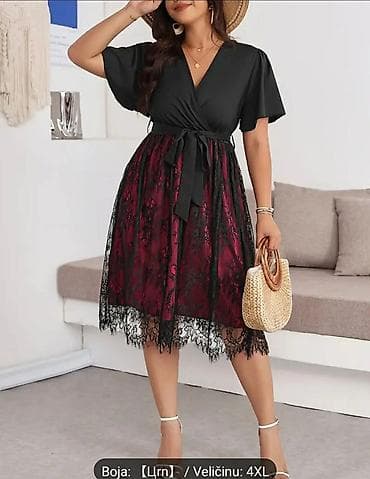 svecane haljine nis kalca: Elegantna plus size haljina 4XL – midi dužina, crno-bordo kombinacija — 4