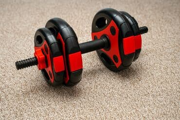 Sweatpants: Podesive jednoručne bučice – crno‑crvene - Set sa šipkom i više ploča — 2