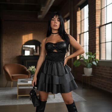 Blazers: Crna mini haljina bez bretela od materijala sa sjajnim kožnim efektom — 1