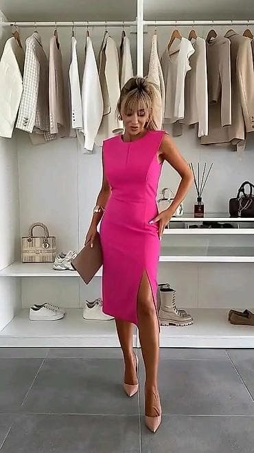 Elegantna midi haljina bez rukava sa prorezom - Kroj: pripijena