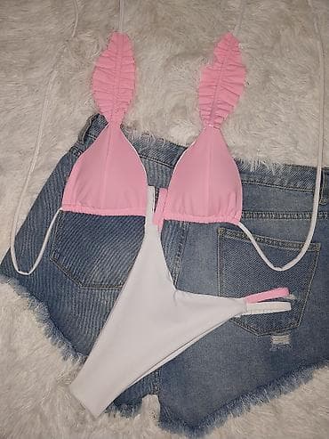 Lepota i nega: Ženski dvodelni kupaći kostim – roze/belo - Gornji deo: trouglasti — 2