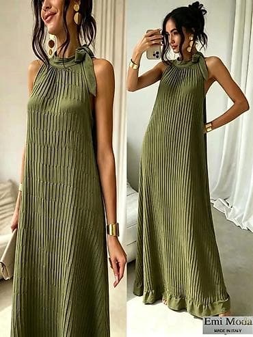 Haljine: Duga plisirana haljina bez rukava sa mašnom na vratu – Emi Moda, Made — 2