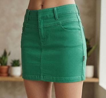 plitke cizme ravne: Zelena mini suknja od rasteglivog keper/denim materijala. Klasičan — 1