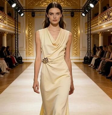 Dresses: Elegantna midi haljina sa drapiranim kaskadnim izrezom i ukrasnom — 2