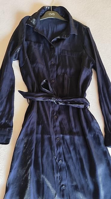 bata torba: Saten-haljina košulja kroja, tamnoplava - Model: midi dužina — 4