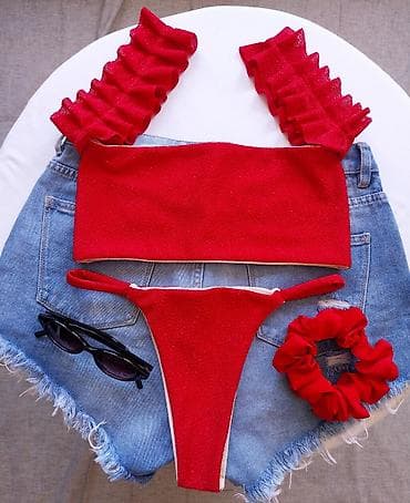 ženski bodi: Crveni ženski bikini set sa šljokičastim efektom. - Gornji deo — 2