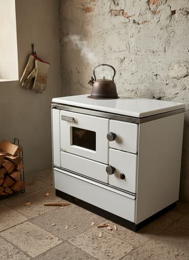 polovni aparat za kokice na plin: Peć na drva bele boje sa gornjom pločom za kuvanje i prozorom na — 1
