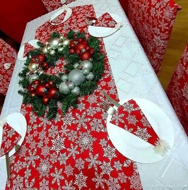prekrivač za stolice: 🎅🤶NOVOGODISNJI SET 🎅🤶 Set za 4 osobe Cena je 2.700 dinara Set za 6 — 1