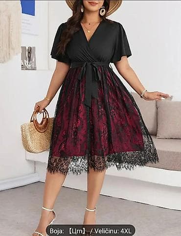 svecane haljine nis kalca: Elegantna plus size haljina 4XL – midi dužina, crno-bordo kombinacija — 5