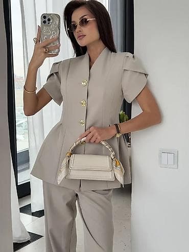 mindjuse sa cirkonima: 💫Ženski dvodelni komplet – sako/bluza sa kratkim rukavima i ravne — 7