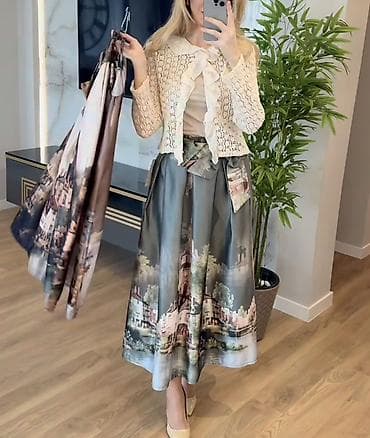 obuca vesna: ❤️Midi suknja sa pejzažnim printom i velikom mašnom - Dužina — 10